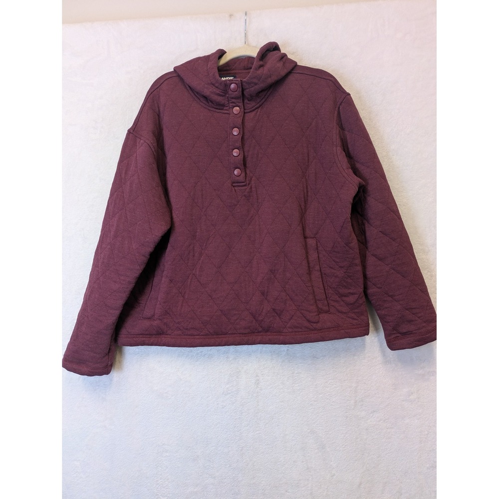 Lands End Quilted Snap Neck Pullover Women's Hoodie Burgundy Size L 12 14